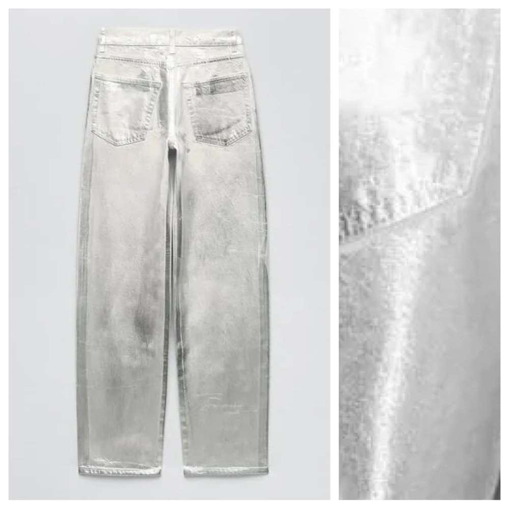 NWT. Zara Silver Relaxed Fit Straight Leg Mid Rise Boyfriend Jeans. Size 0. - Picture 5 of 9